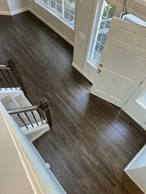 Dark luxury vinyl plank flooring installed in entryway with white trim and doors