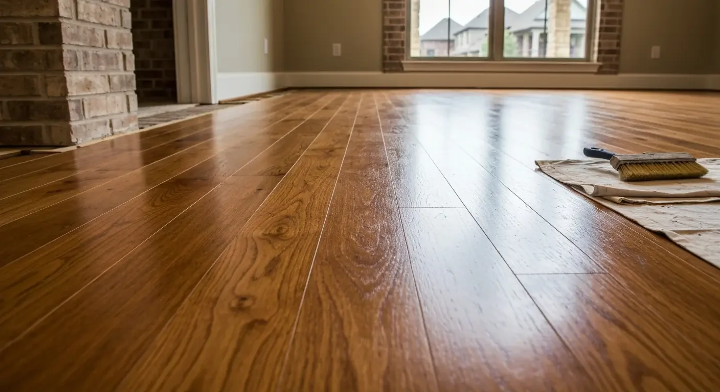 Newly installed hardwood flooring with medium-brown finish and natural wood grain in residential room