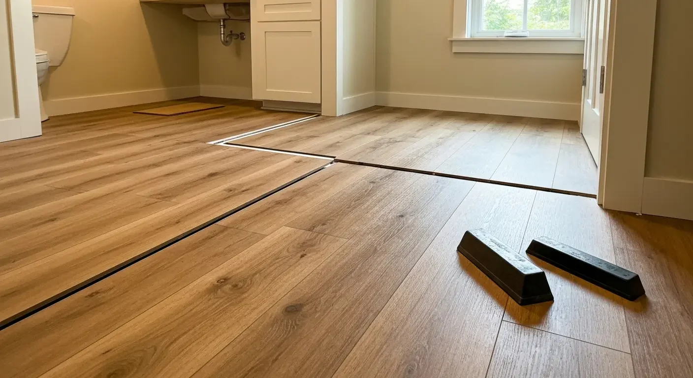Luxury vinyl plank flooring installation with metal transition trim between two tone finishes