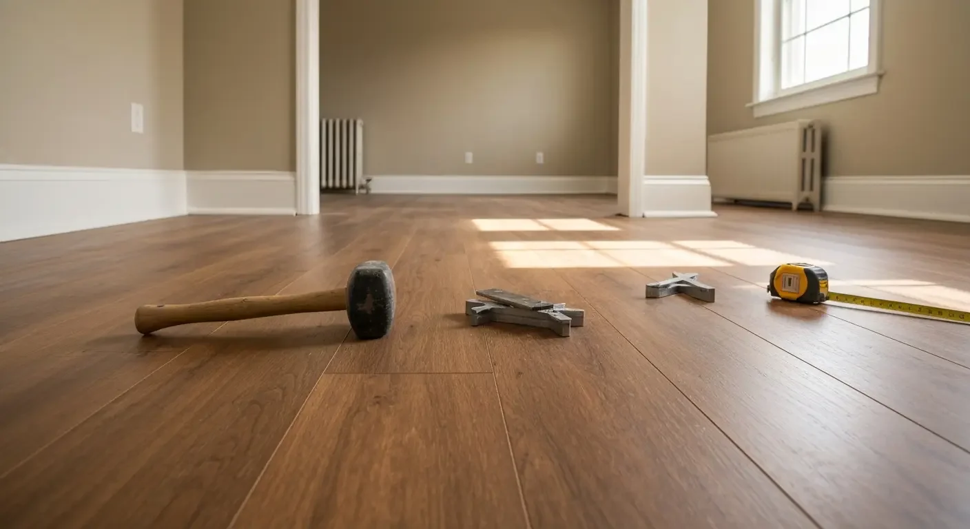 Wide-plank hardwood flooring installation with tools on finished wood floor