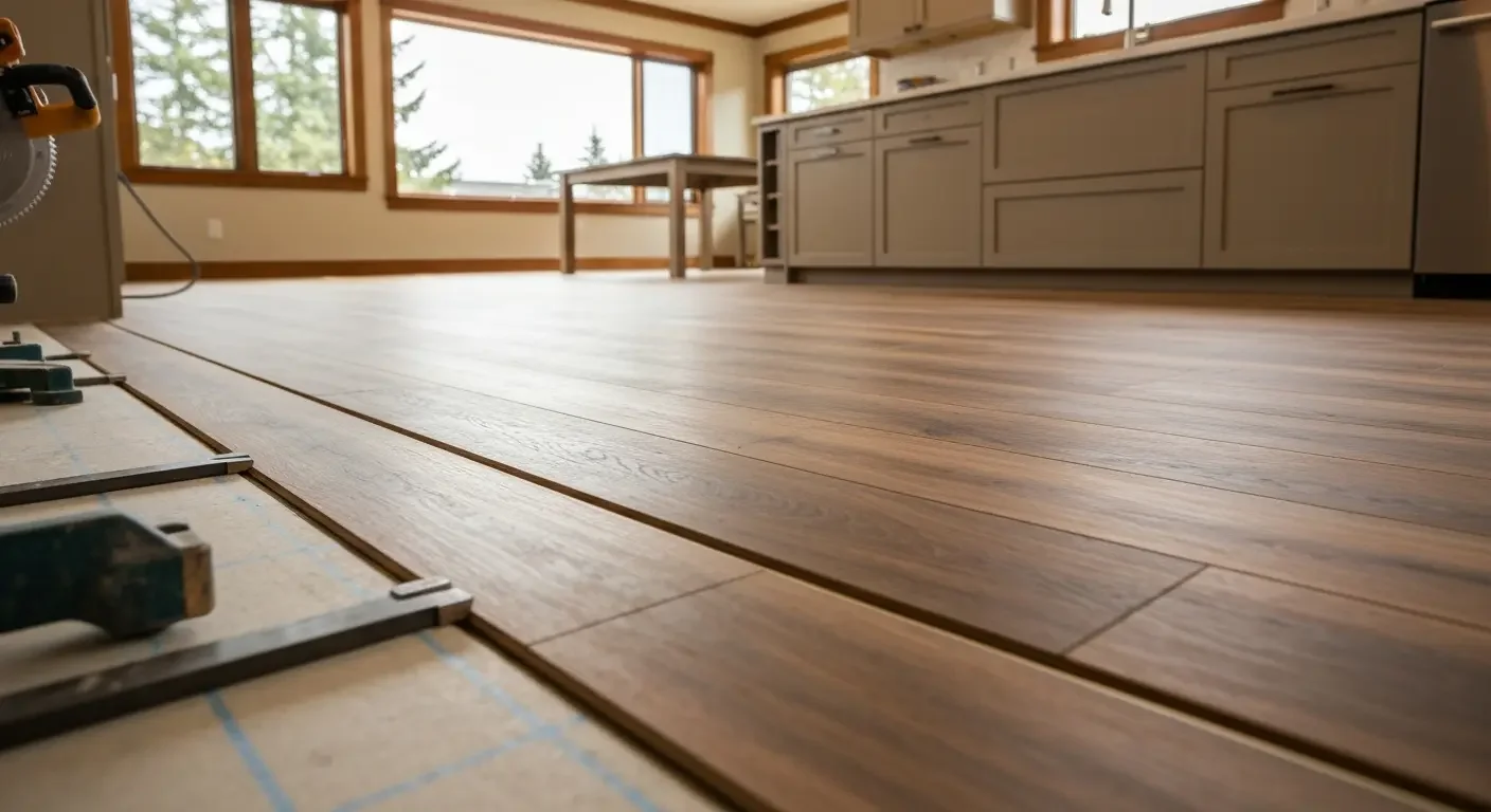 Wide-plank hardwood flooring installation in progress with layout guides visible