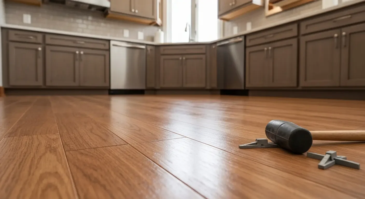 Medium-tone hardwood flooring with plank layout in kitchen with brown cabinetry