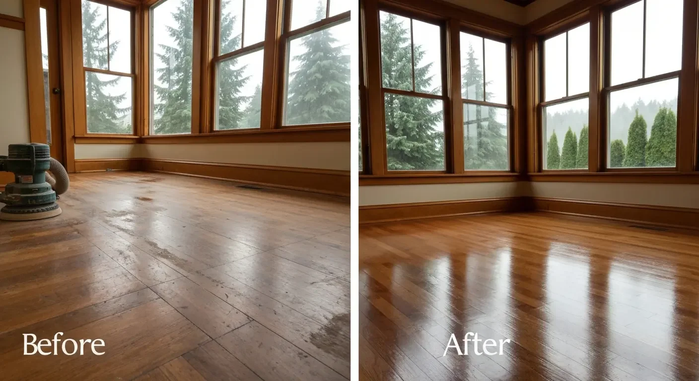 Hardwood floor before and after refinishing in sunroom with wood-framed windows