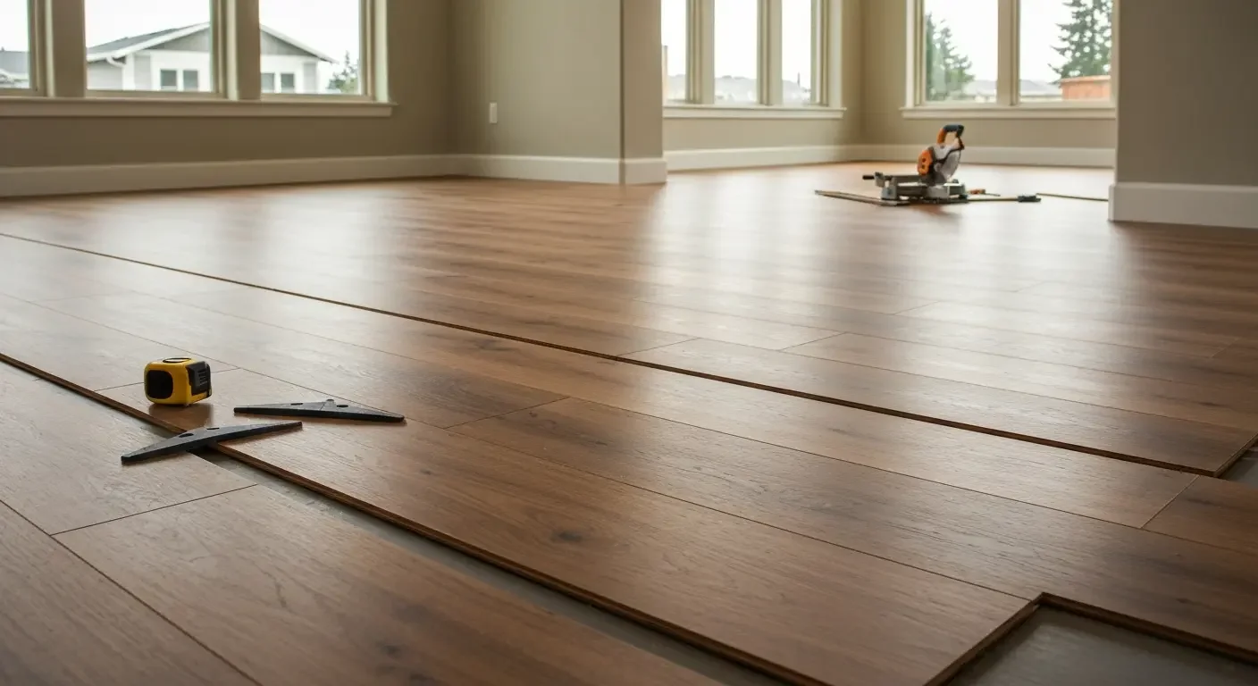 Hardwood plank flooring installation in progress with measuring tools and equipment on site