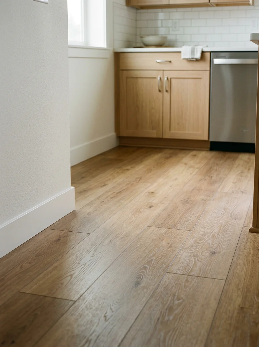 Luxury vinyl plank flooring in Arlington kitchen, chosen for water resistance in wet climate