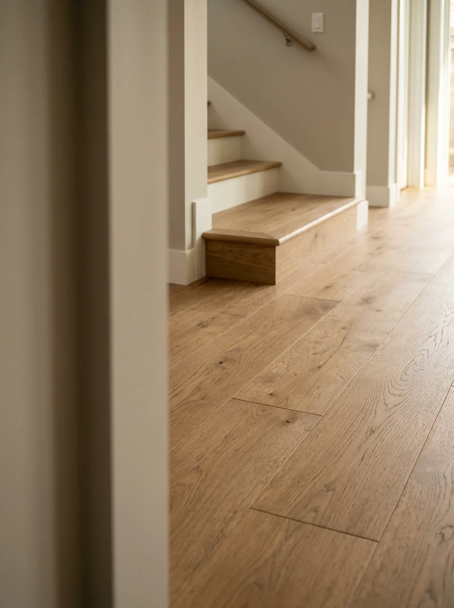 Engineered hardwood flooring installed in a lower-level room of a Bellevue home, with clean transitions at the staircase landing.