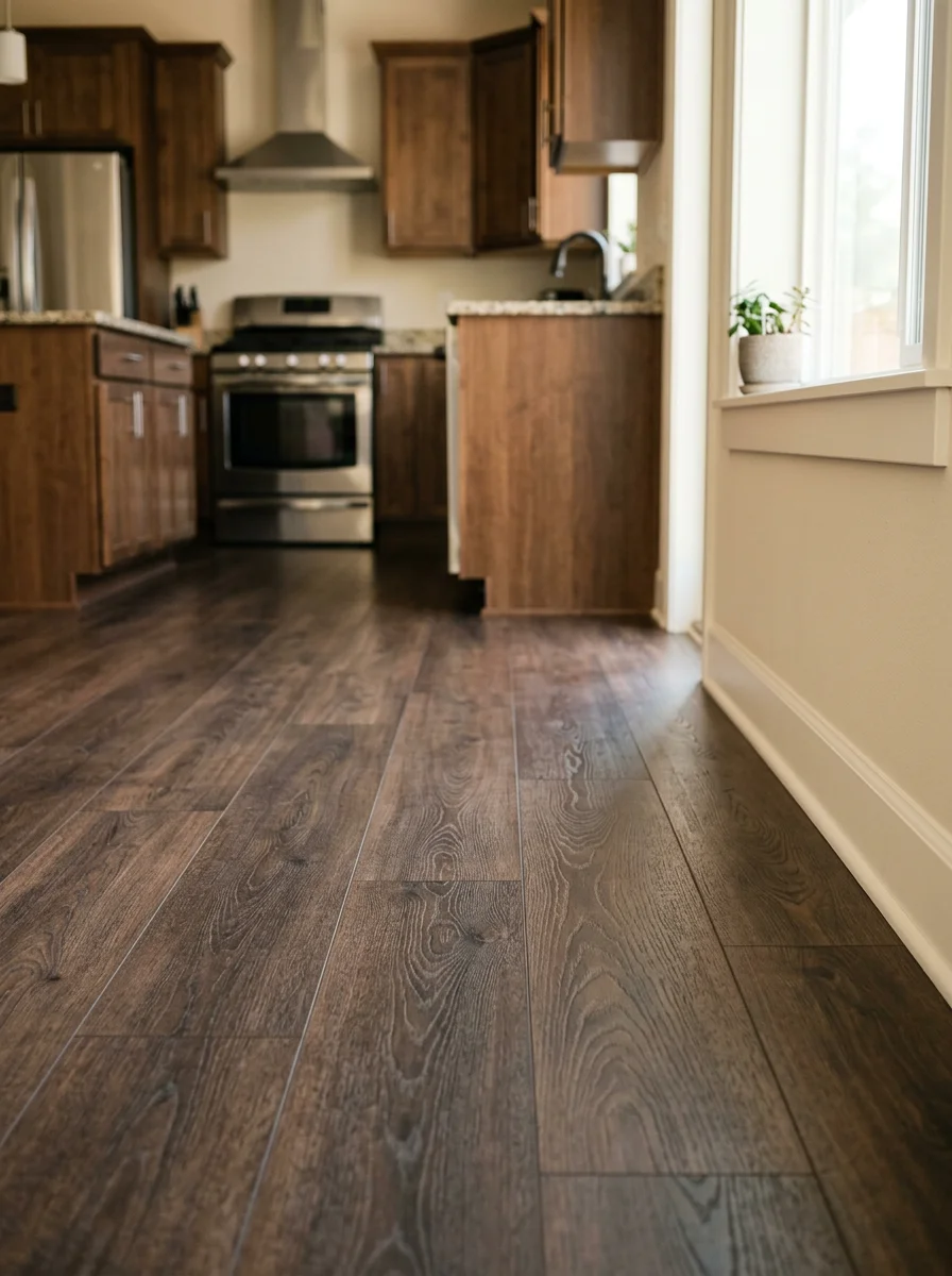 LVP flooring installed in a Canyon Park area Bothell home with clean base molding transitions and a modern kitchen visible in the background.