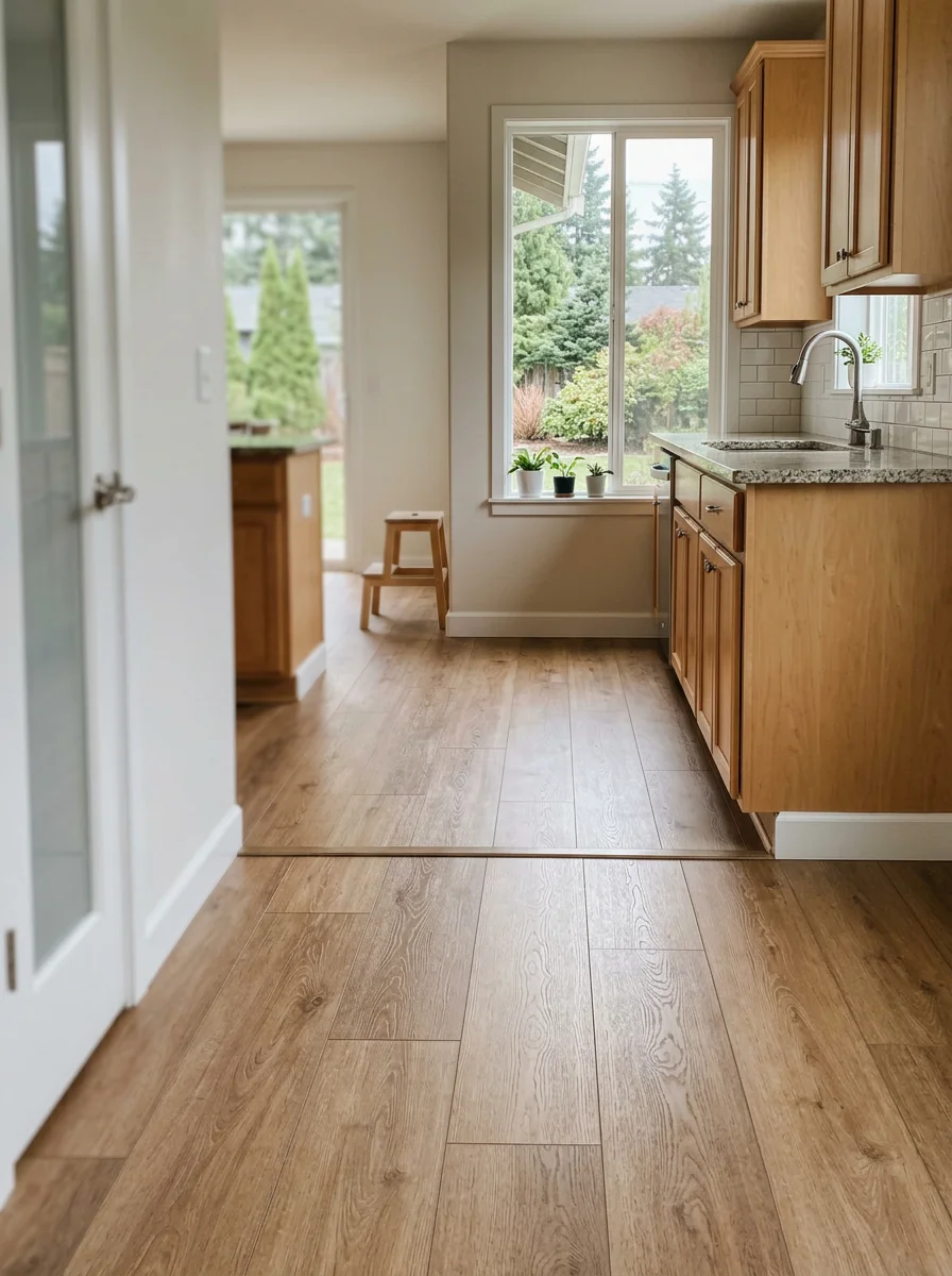Luxury vinyl plank flooring in a Brier kitchen with established cabinetry and natural light