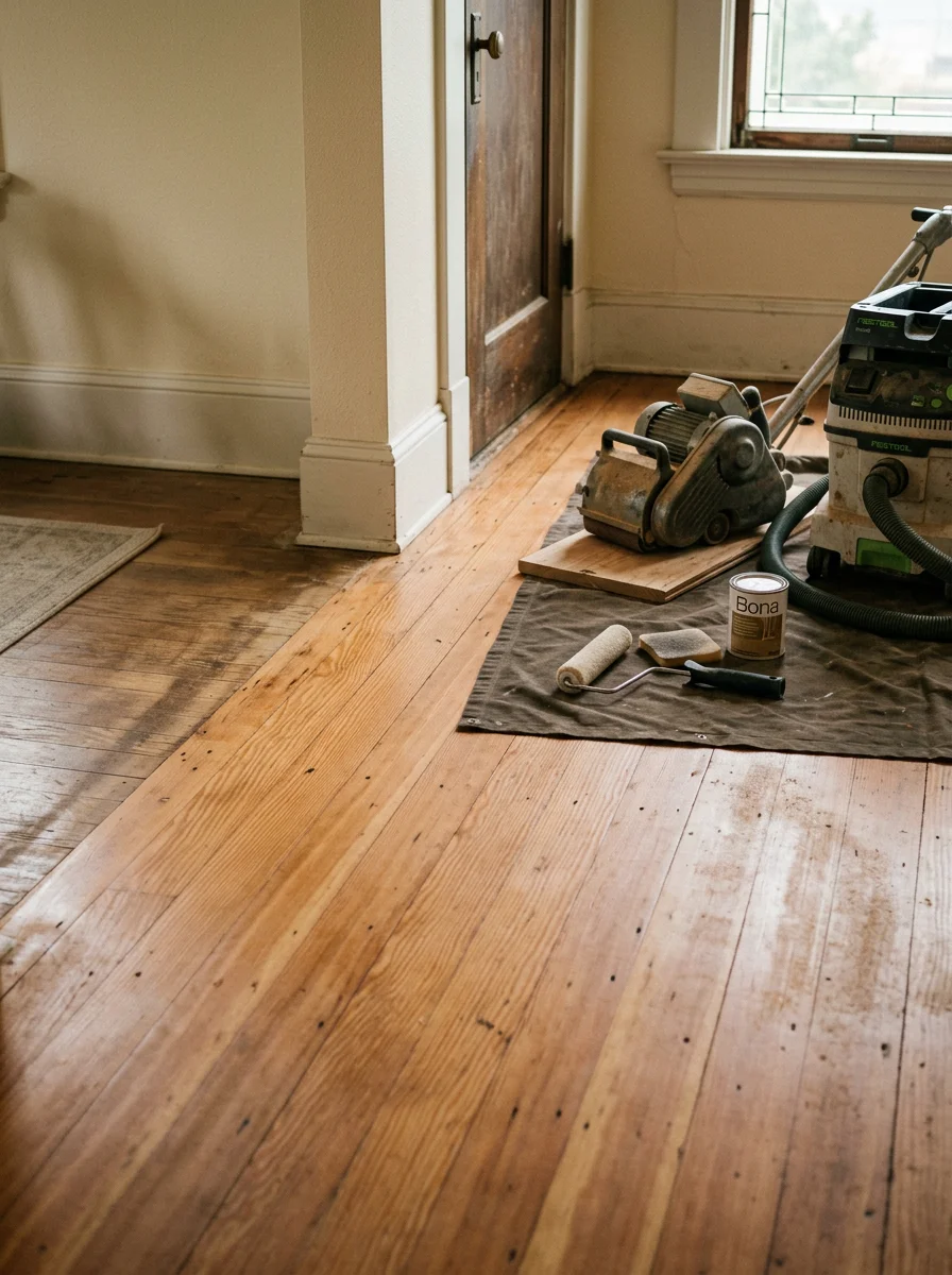 Hardwood floor restoration in progress on original 1920s fir flooring in a Camano Island residence