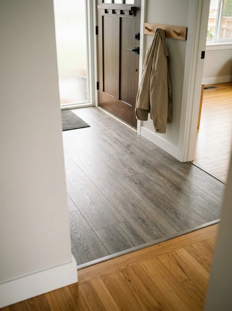 LVP flooring in an Edmonds home entryway with clean transitions to adjacent hardwood and a coat rack near the front door.