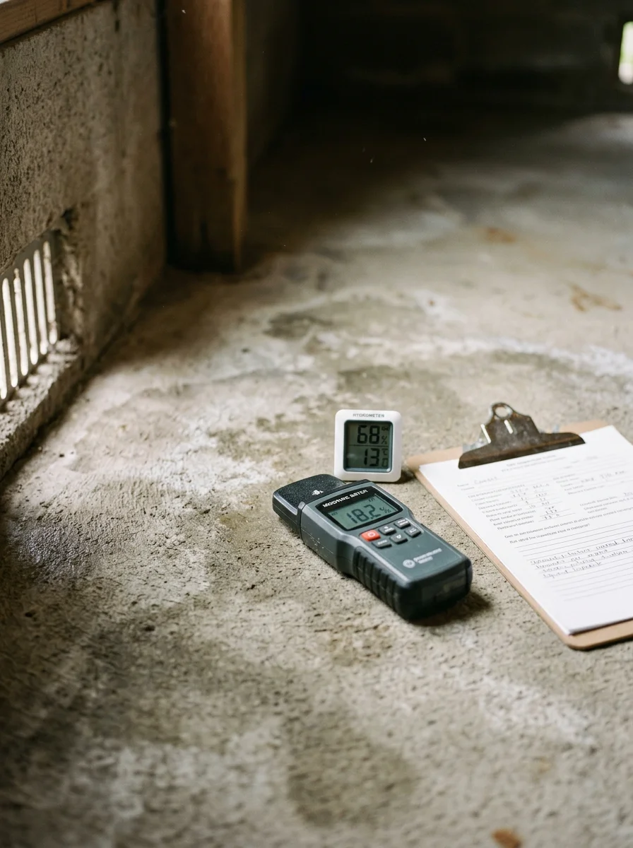 Subfloor moisture testing equipment on a crawlspace floor in an Everett home, demonstrating pre-installation assessment for hardwood and engineered flooring