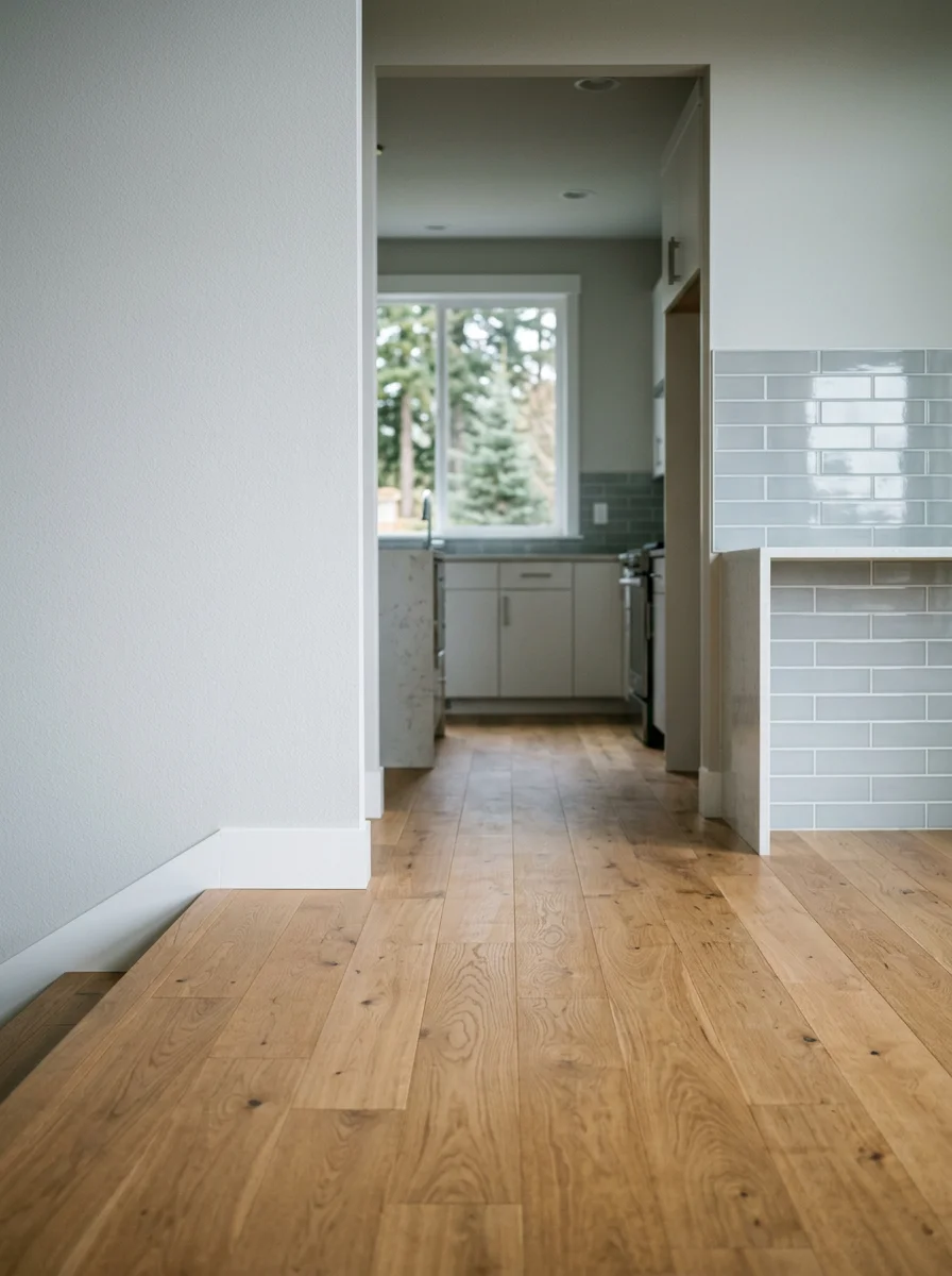 Engineered hardwood flooring in a King County home's main living area with clean transitions to an adjacent tiled kitchen and natural light from south-facing windows.