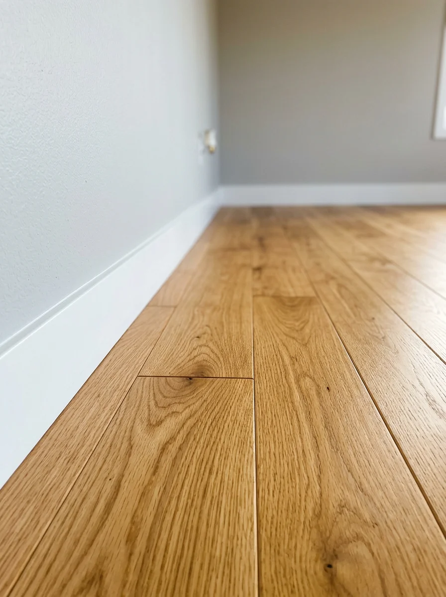 Close-up of smooth hardwood floor installation in a Kirkland rambler with updated trim and natural light from a west-facing window.
