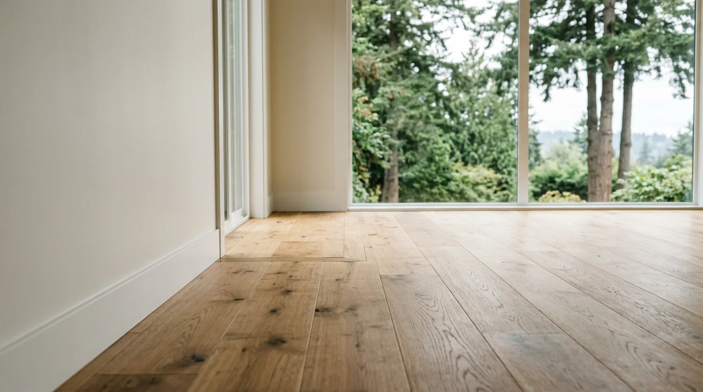 Freshly installed wide-plank engineered hardwood flooring in a Kirkland, WA single-family home with large windows overlooking mature trees.