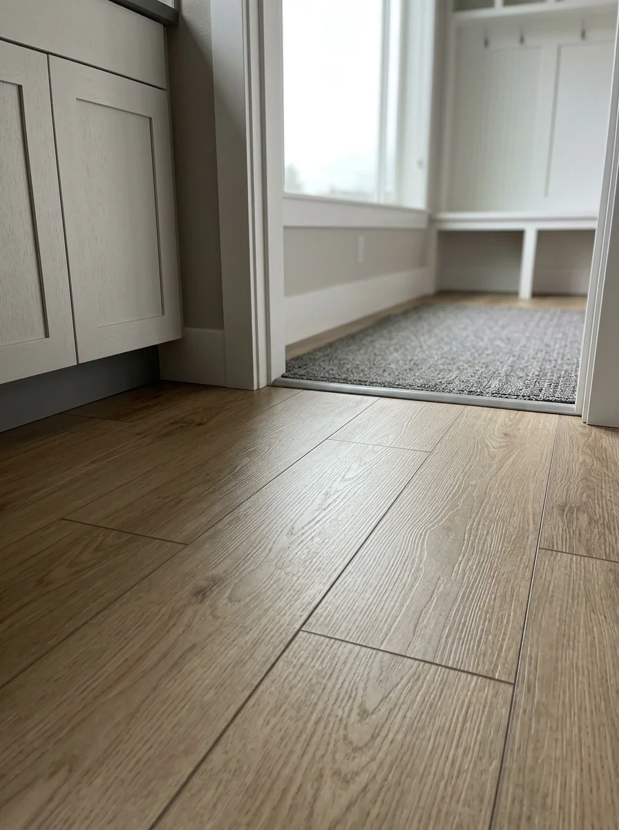 Luxury vinyl plank flooring in a Lake Stevens kitchen with wet entry area, showing moisture-resistant installation near a mudroom door