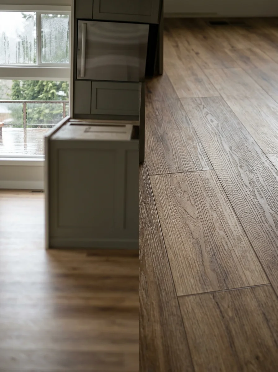 Luxury vinyl plank flooring in a Lynnwood kitchen, resistant to water and humidity from Pacific Northwest winters