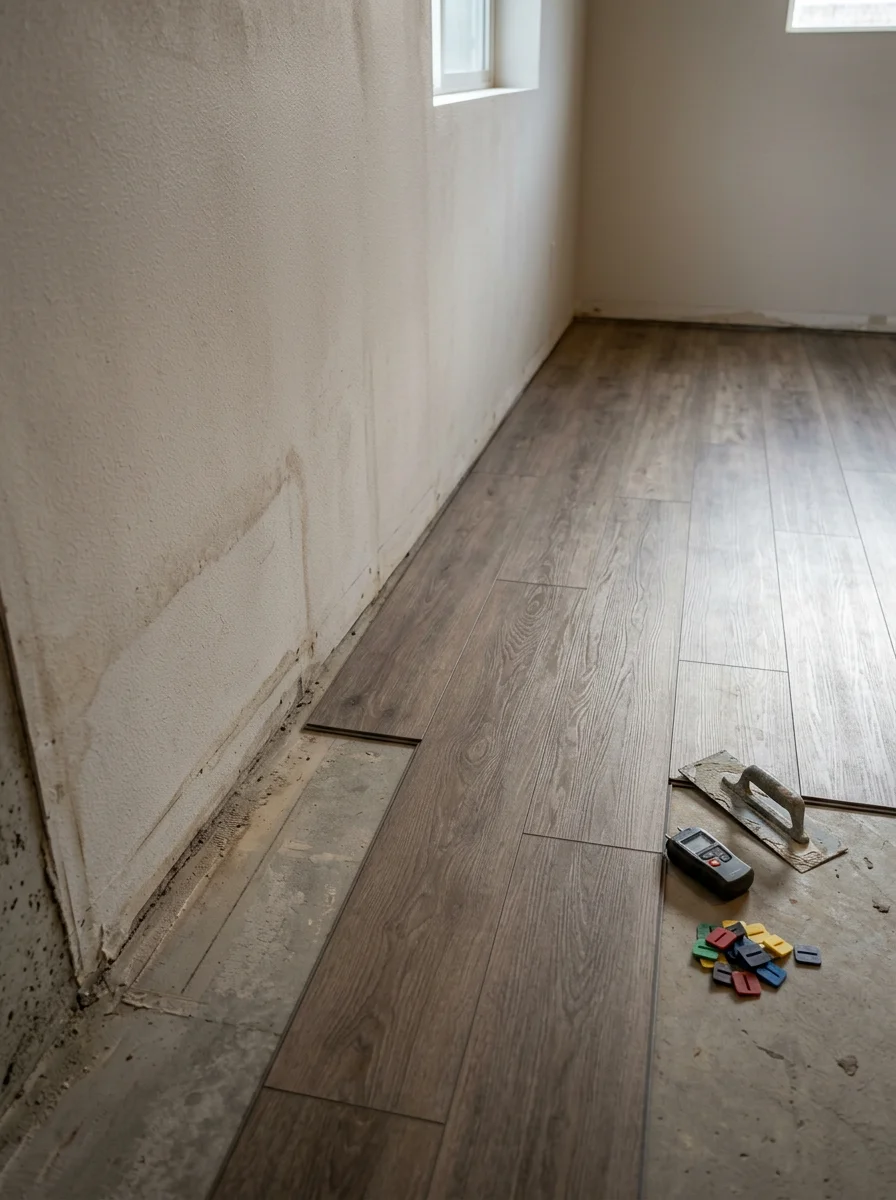 Luxury vinyl plank flooring in a Marysville basement, moisture-resistant for wet winters and uneven drainage