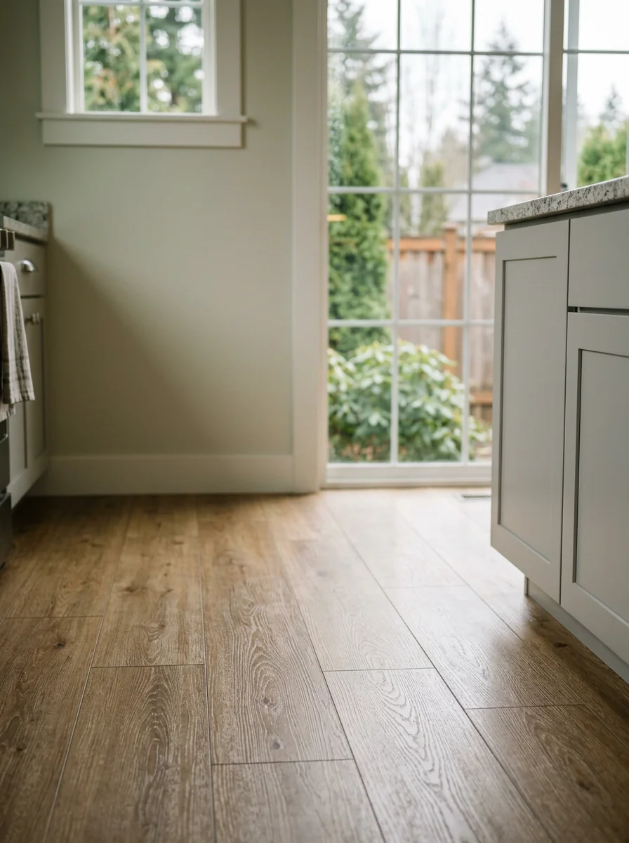 Luxury vinyl plank flooring in a Monroe kitchen, demonstrating water-resistant material choice for wet climate conditions