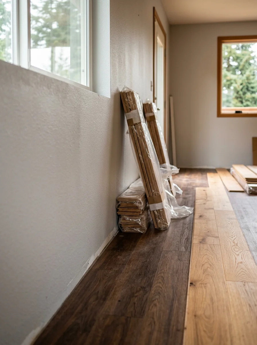 Hardwood flooring installation in a Mountlake Terrace home showing moisture barrier and acclimation for Puget Sound climate