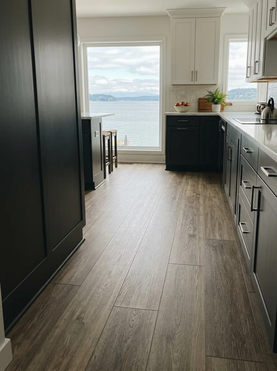 Luxury vinyl plank flooring in a Mukilteo kitchen with waterfront windows and contemporary cabinetry