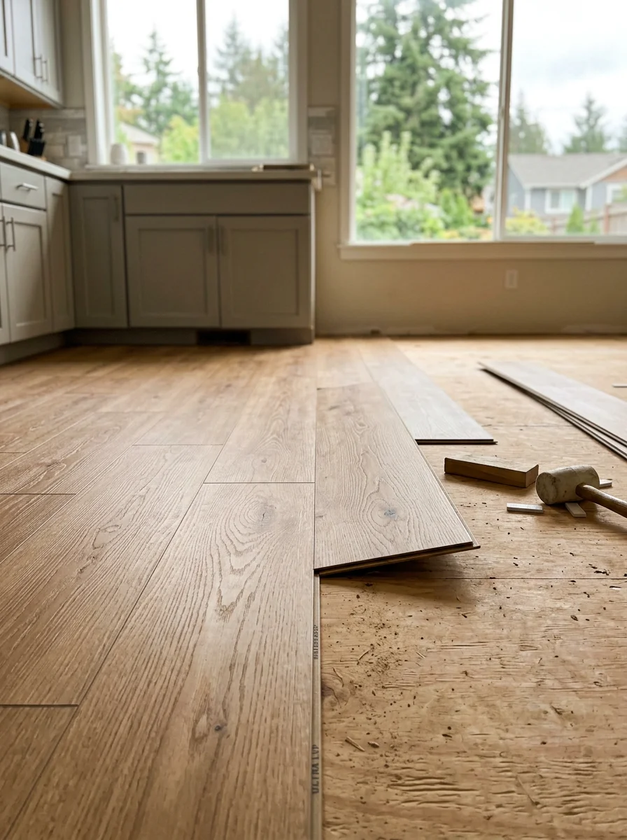 Close-up of luxury vinyl plank installation in Redmond kitchen, demonstrating moisture-resistant flooring suitable for damp climate
