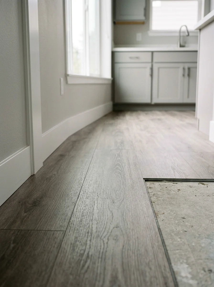 LVP flooring installed in a Seattle condo with concrete subfloor, clean transitions at the kitchen threshold, and modern base molding.
