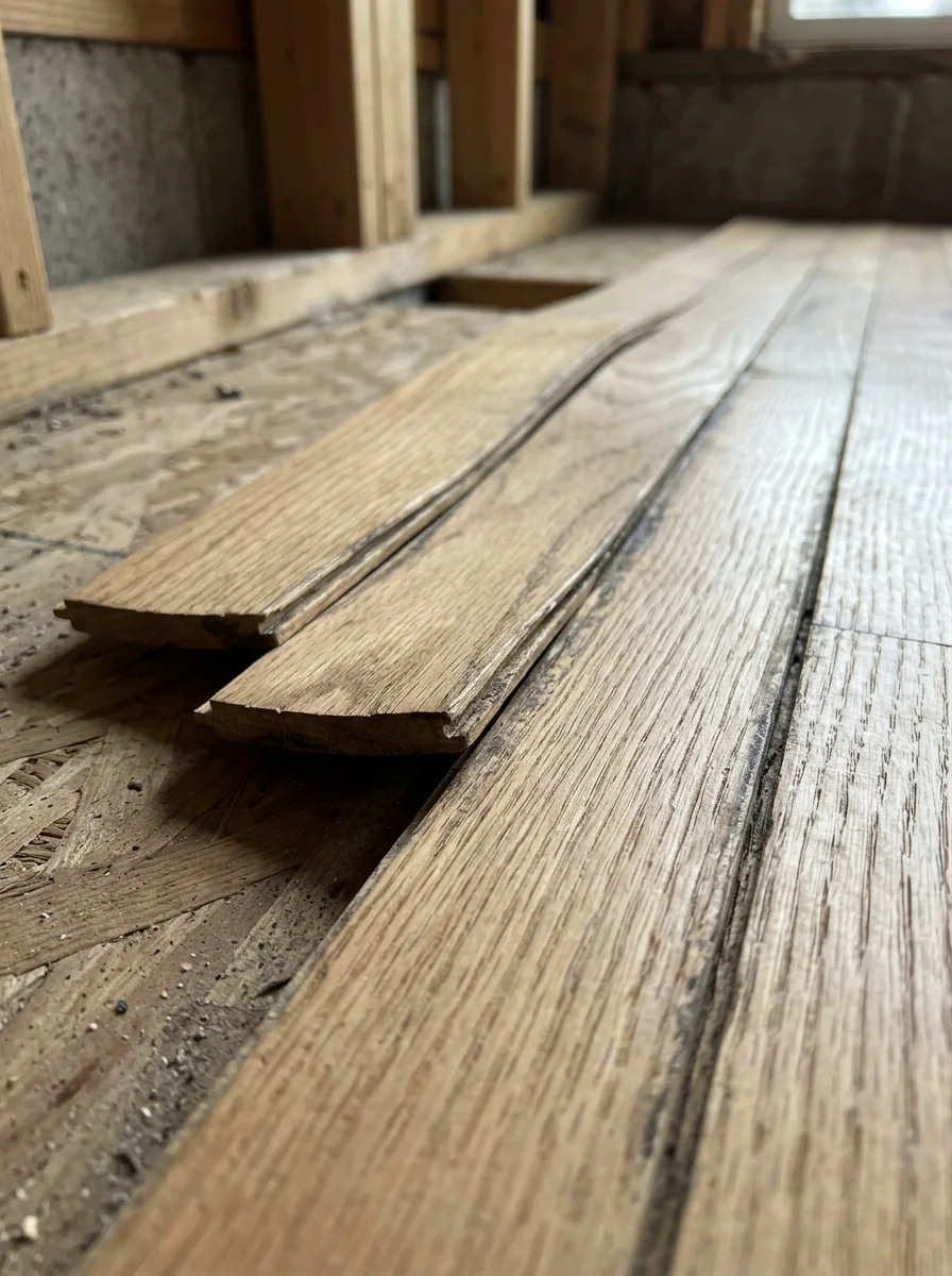 Close-up of cupped hardwood flooring showing moisture damage typical of Shoreline's wet climate, with visible subfloor settling