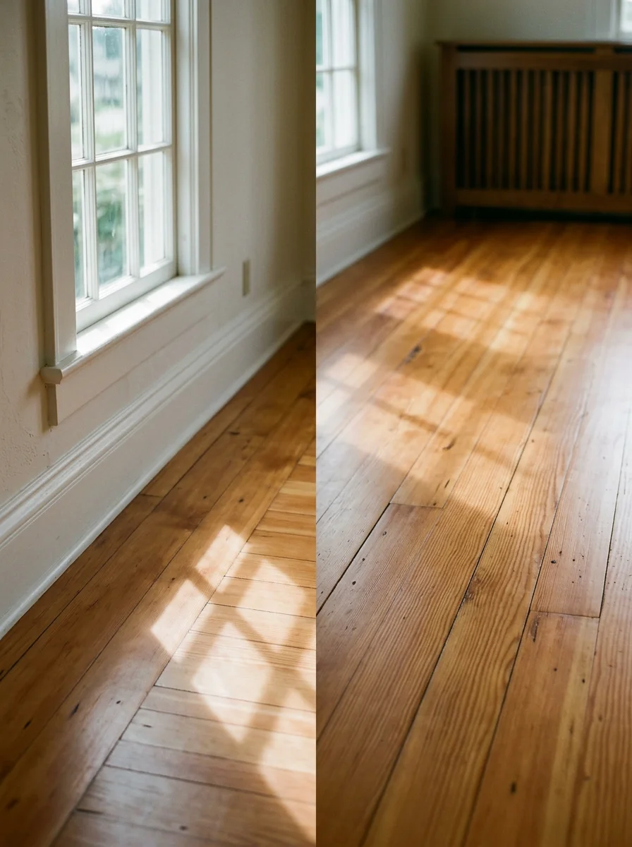 Refinished original fir hardwood floors in a historic Snohomish, WA home with period trim details and natural light from double-hung windows.