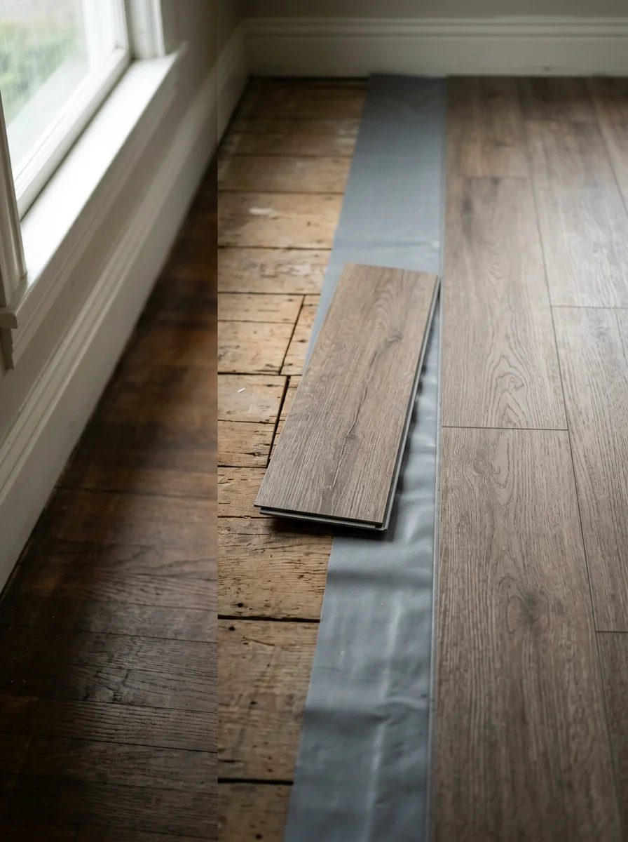 Close-up of luxury vinyl plank installation on uneven subfloor in century-old Snohomish home, showing moisture barrier and click-lock system