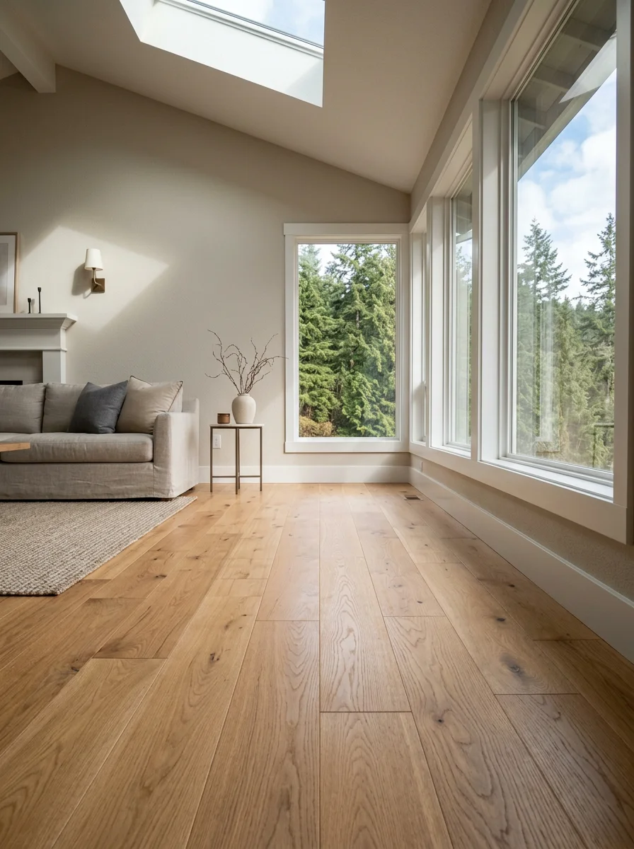 Engineered hardwood flooring in a Woodinville acreage property living room with finish carpentry trim details and natural light from skylights.