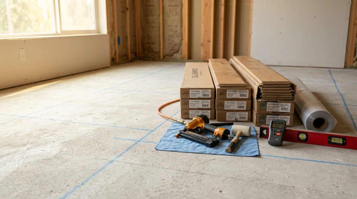 Freshly installed engineered hardwood flooring in a Kirkland, Washington home, showing tight plank seams and a smooth, even surface across a main living area. Natural wood grain finish photographed in a residential setting near the King County area.