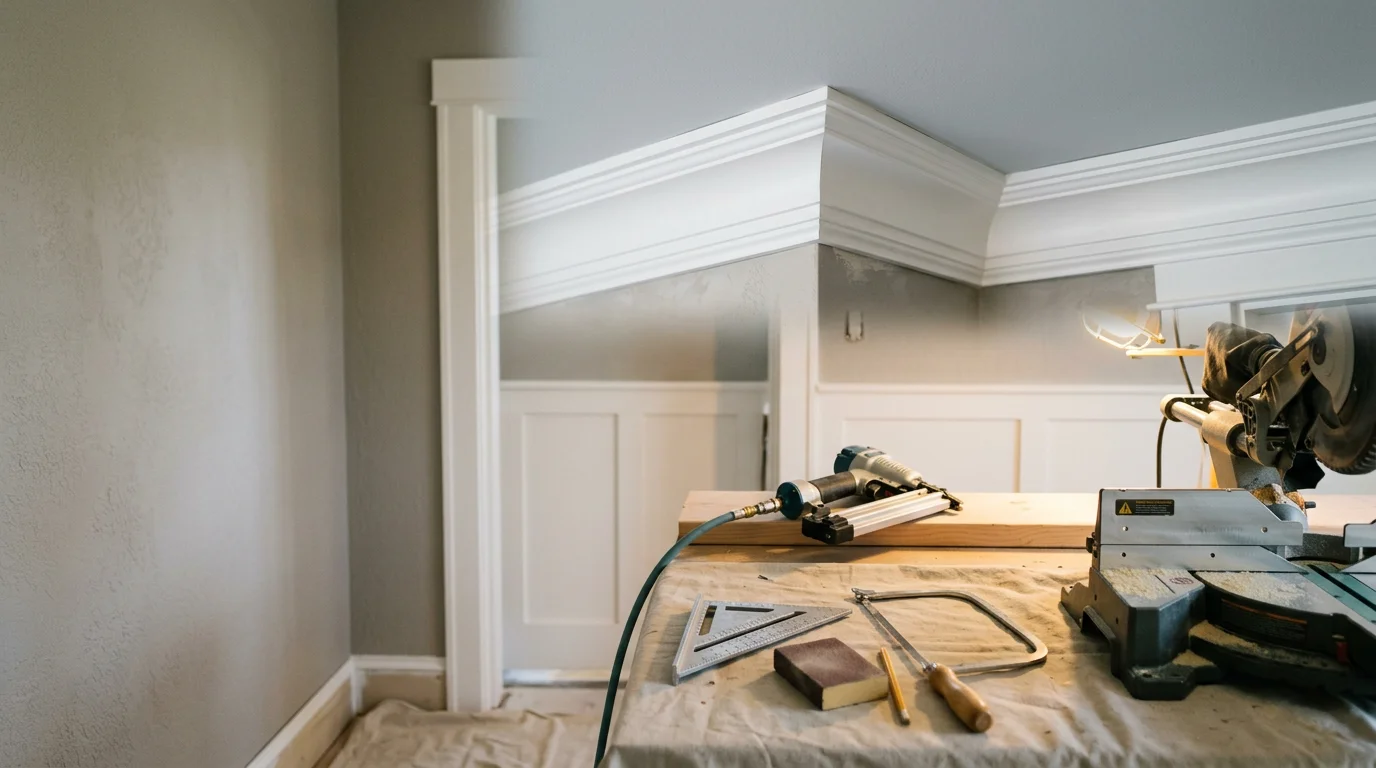 Finished interior trim installation in a Kirkland, Washington home showing tight crown molding joints and clean baseboard runs along a freshly painted wall. Close detail view of a mitered corner where wall trim meets door casing, completed by Genuine Flooring LLC.