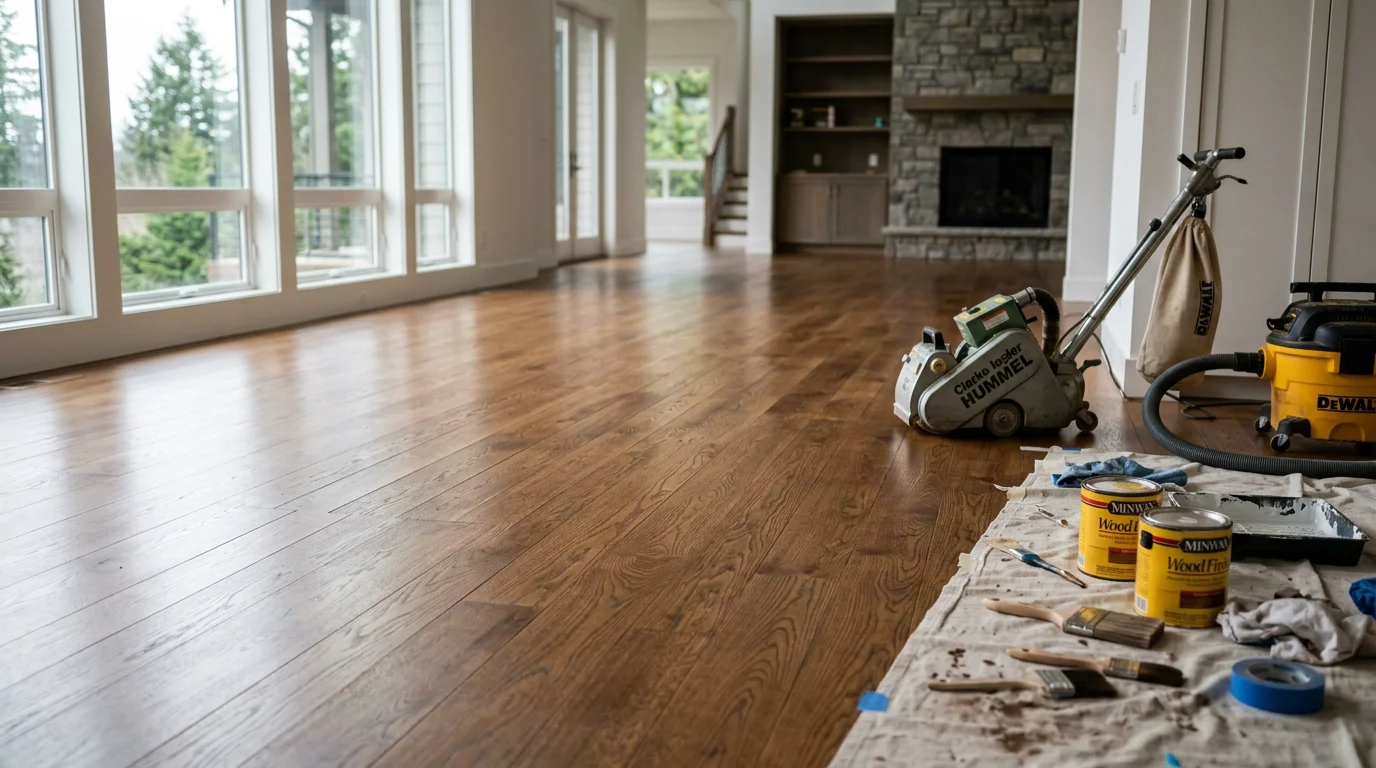 Freshly installed solid hardwood flooring in a Kirkland, Washington home with natural light coming through large windows. The floor shows clean plank lines and a smooth finish across an open living area.