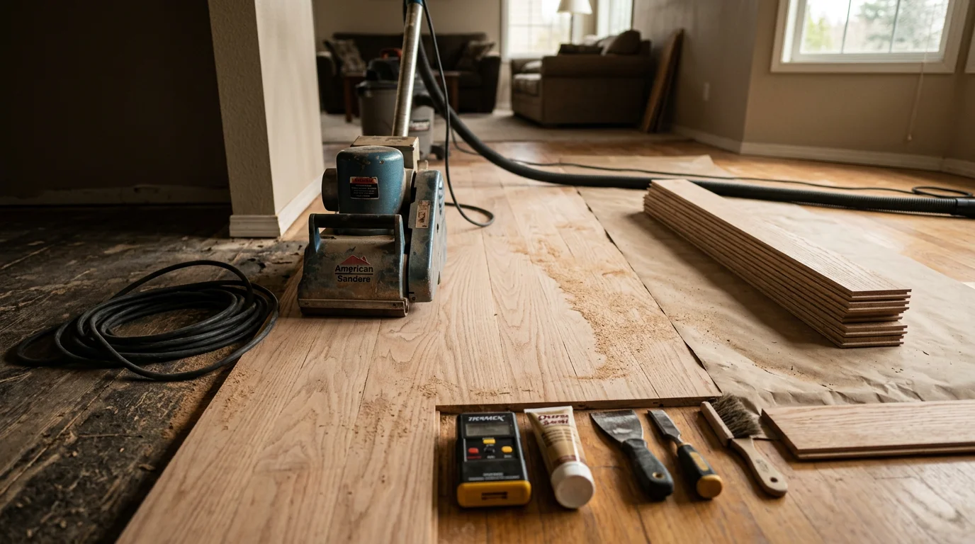 Close-up of a repaired hardwood floor in a Kirkland, Washington home showing smooth, even boards with consistent stain and finish. A flooring contractor inspects the restored surface in a well-lit residential living room.