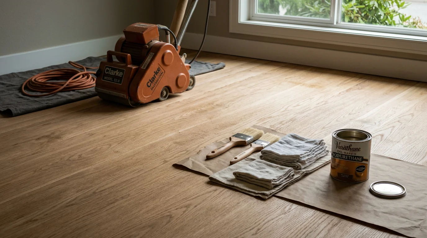 Freshly sanded and refinished solid hardwood floors in a Kirkland, Washington home, showing an even, smooth surface with restored natural wood grain. The room reflects the mid-century residential style common across King County neighborhoods.
