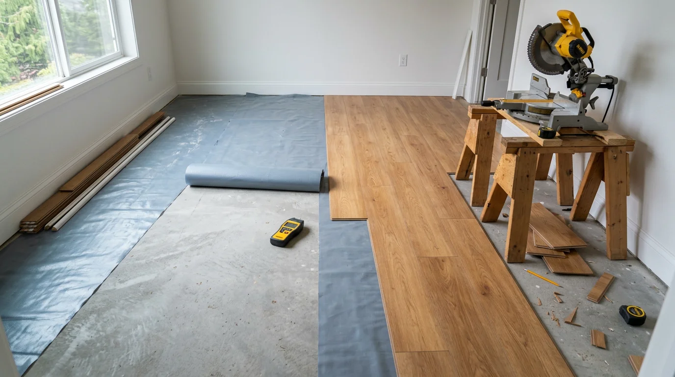 Freshly installed laminate flooring in a Kirkland, Washington home showing clean plank seams, smooth transitions, and a wood-look finish across an open living area. A Genuine Flooring LLC installation demonstrating precise cuts and level subfloor preparation.
