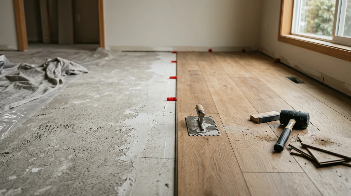 Freshly installed luxury vinyl plank flooring in a Kirkland, Washington home, showing tight seams, clean transitions, and a realistic wood-look finish in a bright main living area.